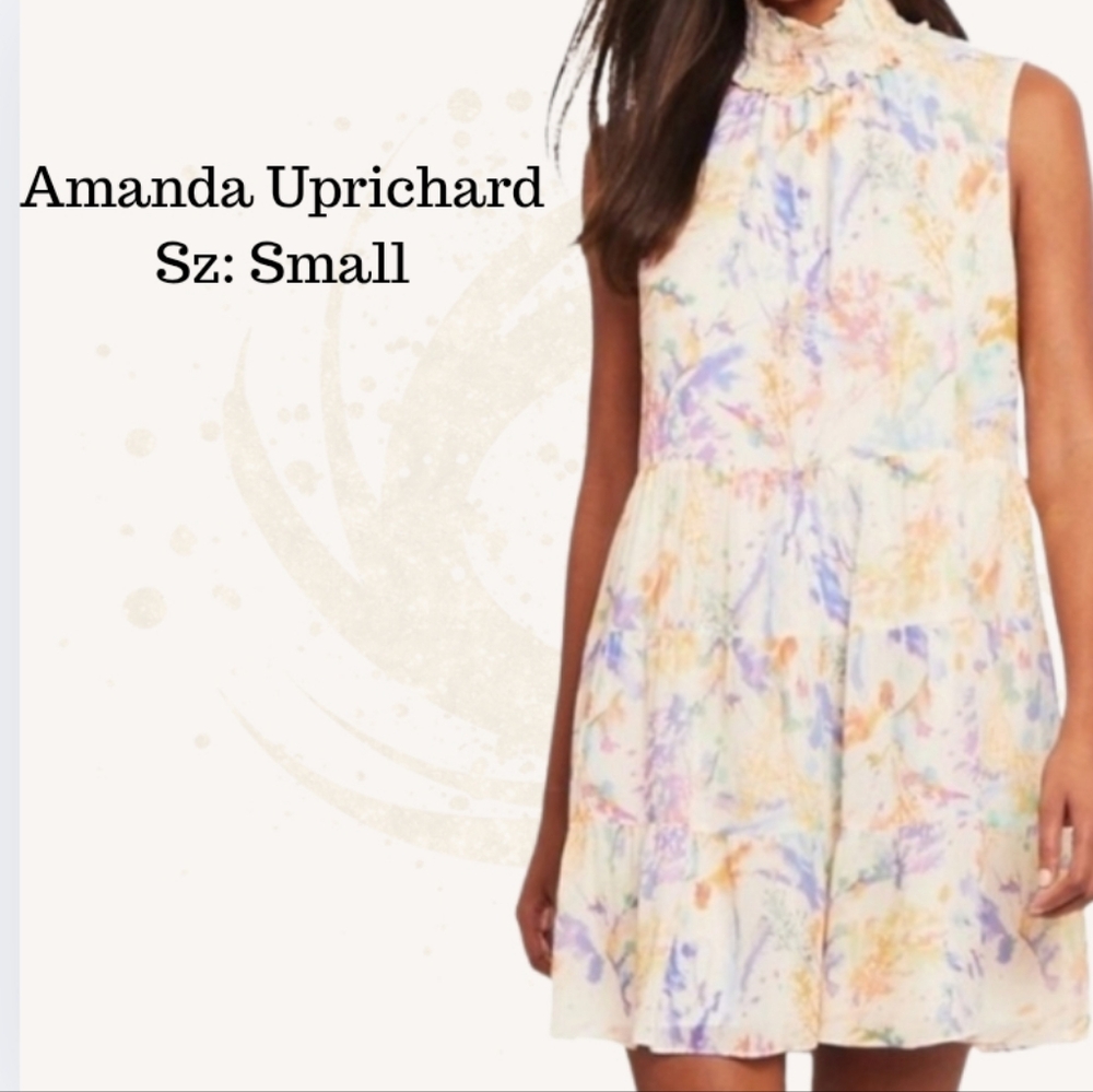 Amanda Uprichard Nadia Tiered Midi Dress Watercolor Crepe‎ Pink Blue S